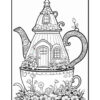 A whimsical teapot designed to resemble a house, complete with a chimney and door, adorned with flowers and surrounded by additional floral elements on the base.