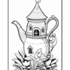 A whimsical teapot designed to resemble a house, featuring a pointed roof and a door, surrounded by blooming flowers and green leaves, all outlined in black for coloring.