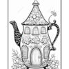 A whimsical black and white illustration of a teapot shaped like a house, adorned with flowers and a curled vine. The teapot features a pointed roof, windows, and an ornate door, surrounded by decorative floral elements.