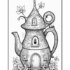 A whimsical teapot shaped like a fairy-tale house, featuring an ornate design with flowers and intricate patterns, a door, and small windows. The illustration is outlined in black and is meant for coloring.