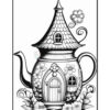 A whimsical teapot designed to look like a house, featuring a pointed roof, a door, and flower decorations, surrounded by plants and blossoms.