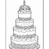 A three-tiered wedding cake illustrated in black and white, featuring decorative flowers and a candle on top, set against a plain background.