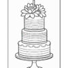 A three-tiered birthday cake with horizontal stripes, topped with decorative flowers and a candle. The cake is displayed on a round pedestal stand.