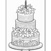 A three-tier birthday cake decorated with flowers and a single candle on top, drawn in a coloring book style.