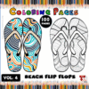 A colorful advertisement for a coloring book featuring beach flip flops with intricate designs, showcasing one colored illustration on the left and an outlined version on the right, set against a blue background with the title 'Beach Flip Flops Coloring Pages' and 'Volume 4' prominently displayed at the top.