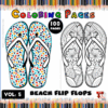 Coloring page featuring two pairs of beach flip flops: one pair is brightly colored with dots, while the other pair is outlined with floral patterns for coloring. The background includes a text banner indicating 'Coloring Pages' and 'Vol. 5.'
