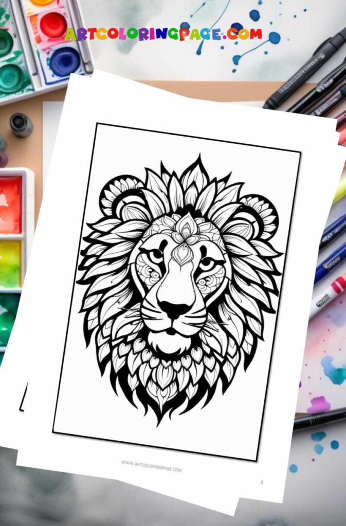 A detailed black and white lion illustration surrounded by intricate floral patterns, placed over a watercolor palette and art supplies.