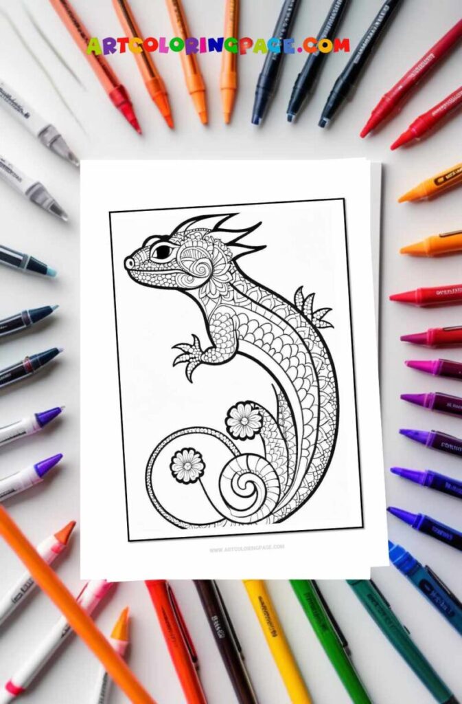 A detailed line art coloring page of a lizard surrounded by colorful markers and crayons.