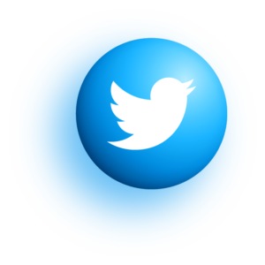 A circular logo featuring a blue background with a glossy blue sphere in the center, displaying a white stylized bird, representing the Twitter brand.