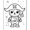 A cartoon pirate character with a large hat featuring a skull and crossbones, wearing a pirate outfit and holding a small bell, set against a whimsical starry background.