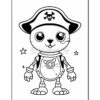 A cartoon animal character dressed as a pirate, wearing a hat with a skull and crossbones, and equipped with robot-like features, standing with stars in the background.