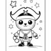 A cute, cartoonish pirate character with a large hat featuring a skull and crossbones, wearing a pirate outfit and holding a round object, surrounded by stars in a whimsical design.
