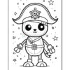 A cartoon panda dressed as a pirate, wearing a large pirate hat, boots, and a belt, posed with a playful expression amidst stars and sparkles in the background.