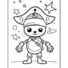 A cartoon pirate character with a round body and a large pirate hat, wearing a belt and boots, surrounded by stars and planets in a coloring book style illustration.