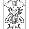 A cartoon pirate character with a large hat featuring a skull design, wearing a pirate coat with buttons and a belt, along with pants and boots, all illustrated in black outline for coloring.