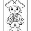 A cartoonish pirate character with a hat adorned with crossbones, wearing a coat with a belt and a sash, and exhibiting a cheerful expression, suitable for coloring.