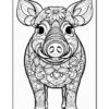 A detailed black and white illustration of a pig adorned with intricate floral patterns. The pig faces forward, showcasing its large ears and expressive eyes, with a prominent snout and decorative curves throughout its body. The background is plain, emphasizing the pig's decorative design.