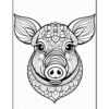 A stylized black and white illustration of a pig's face surrounded by intricate floral patterns, with large ears and a prominent snout, set against a plain background.