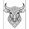 A detailed black and white illustration of a bull's head adorned with floral patterns and mandala designs, featuring prominent horns and intricate line work around the facial features, set against a plain background.