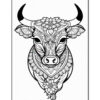 A detailed line art illustration of a bull's head, adorned with intricate floral patterns and decorative motifs, set against a plain background.