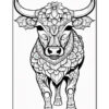 A black and white illustration of a stylized bull adorned with intricate floral patterns and designs, standing in a frontal view against a plain background.