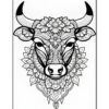 A detailed black and white illustration of a cow's head, adorned with intricate floral patterns and ornamental designs, set against a white background.