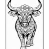 A stylized black and white illustration of a bull adorned with floral patterns and decorative details, facing forward with prominent horns and a floral crown on its head.