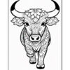 A stylized line drawing of a bull, featuring intricate floral patterns on its face and body, with prominent curved horns and a symmetrical decorative design, set against a blank background.