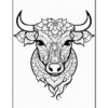 A detailed black and white line art illustration of a bull's head, adorned with intricate floral patterns and designs.