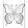 A black and white outlined illustration of a butterfly with detailed wings, surrounded by flowers at the bottom. The butterfly has intricate patterns on its wings, designed for coloring.