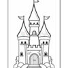 A black and white illustration of a fairy tale castle featuring two tall towers with flags, a central archway door, and decorative stones at the base, ideal for coloring.