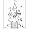 A black and white line drawing of a fairy tale castle with two tall towers, each topped with flags, a large arched door in the center, and clouds and greenery surrounding the base of the castle.