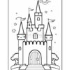 A cartoon-style coloring page of a whimsical castle featuring three towers with flags, a large wooden door, and a pathway leading to the entrance, surrounded by trees and stars in the night sky.