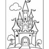 A child-friendly coloring page featuring a fairy tale castle with three tall towers adorned with flags, large arch-shaped doors, and surrounded by trees and fluffy clouds in a simple outline style.