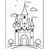 A black and white line drawing of a fairy tale castle with tall spires and flags. It features an arched doorway, windows, and is surrounded by clouds and a small tree in the foreground, set against a blank background.