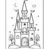 A simple black and white illustration of a fairy tale castle featuring multiple towers, flags on top, a large front door, and surrounded by bushes and trees, with stars and a crescent moon in the sky.