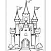 A black and white illustration of a fairytale castle with multiple towers, each topped with flags, a central wooden door, and a pathway leading up to it, surrounded by stylized trees and grassy hills.
