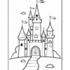 A black and white outline of a fairy tale castle with multiple spires and flags, set against a simple landscape featuring a winding path and a few clouds.