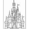 A black and white line drawing of a large castle, featuring multiple towers with pointed roofs, flags, and a grand entrance with stairs leading up to it. The architectural details include bordered windows and decorative elements along the base.