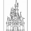 A detailed black and white illustration of a fairy tale castle featuring multiple towers, pointed roofs, and flags. It includes a large arched door at the front with steps leading up to it, surrounded by walls with crenellations.