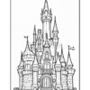 A detailed line drawing of an ornate castle, featuring multiple towers with pointed roofs, arched doorways, and a variety of architectural elements like flags and windows, suitable for coloring.