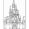A detailed black and white line drawing of a fairy-tale castle, featuring tall spires, flags, and a large central door with steps leading up to it, surrounded by rounded towers.
