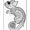 A detailed black-and-white illustration of a chameleon, featuring intricate floral and paisley patterns throughout its body. The chameleon is shown in a climbing position with its tail curled.