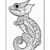 A detailed coloring page featuring a stylized lizard with intricate patterns, floral designs, and decorative elements. The lizard is depicted in a side profile, with a prominent head, large eye, and curled tail.