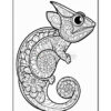 A detailed black and white illustration of a chameleon filled with intricate floral patterns, positioned in a curving posture with its tail coiled, showcasing various ornamental designs throughout its body and head.