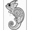 A black and white illustration of a chameleon decorated with intricate patterns, featuring floral designs on its body and a curled tail, set against a plain background.
