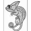A detailed black and white illustration of a chameleon, featuring intricate floral designs throughout its body, with a circular flower motif at the end of its tail.