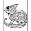 A black and white outline illustration of a stylized chameleon, featuring intricate patterns of leaves and flowers along its body and tail, set against a plain background.