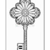A decorative illustration of an ornate key featuring a floral design at the top, with intricate patterns on the shaft and a classic keyhead at the bottom.