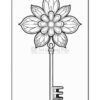 An ornate key designed as a flower, featuring petals and a central bloom at the top, with a straight shaft leading to an intricate handle.